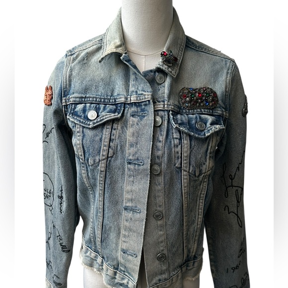 AllSaints Embellished Denim Jacket S Beaded Patchwork Distressed Hem